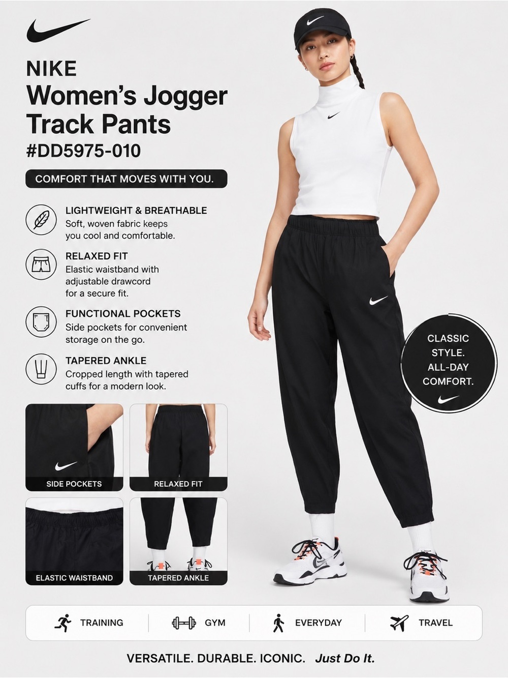 Nike Black Women's Jogger Track Pants with White Swoosh Style #DD5975-010